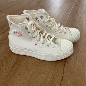 Converse White High-Tops with Red Heart Accents Size 6.5